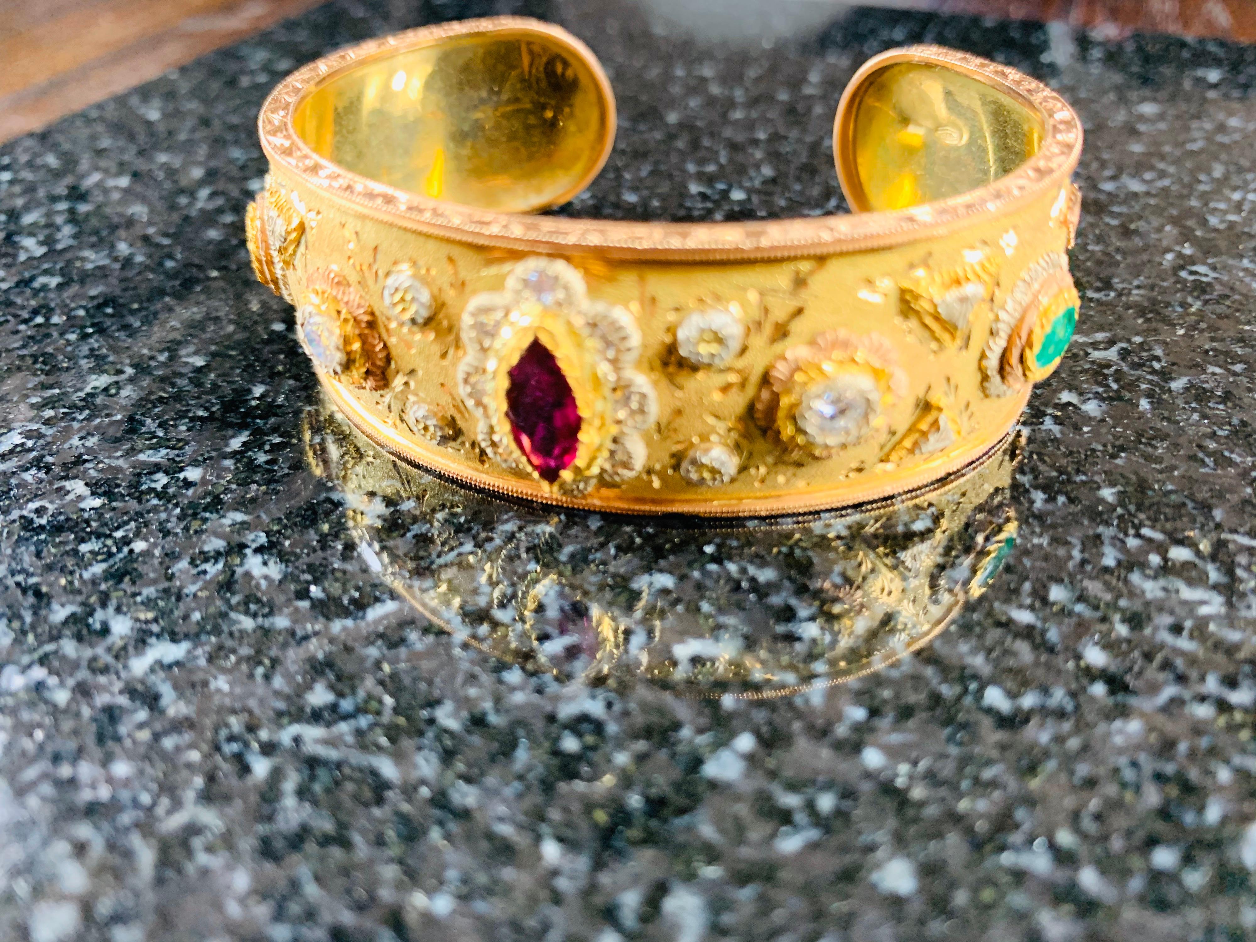 18 Carat Yellow Gold, Ruby, Diamond, Emerald Cuff Bracelet and Ring For Sale 14