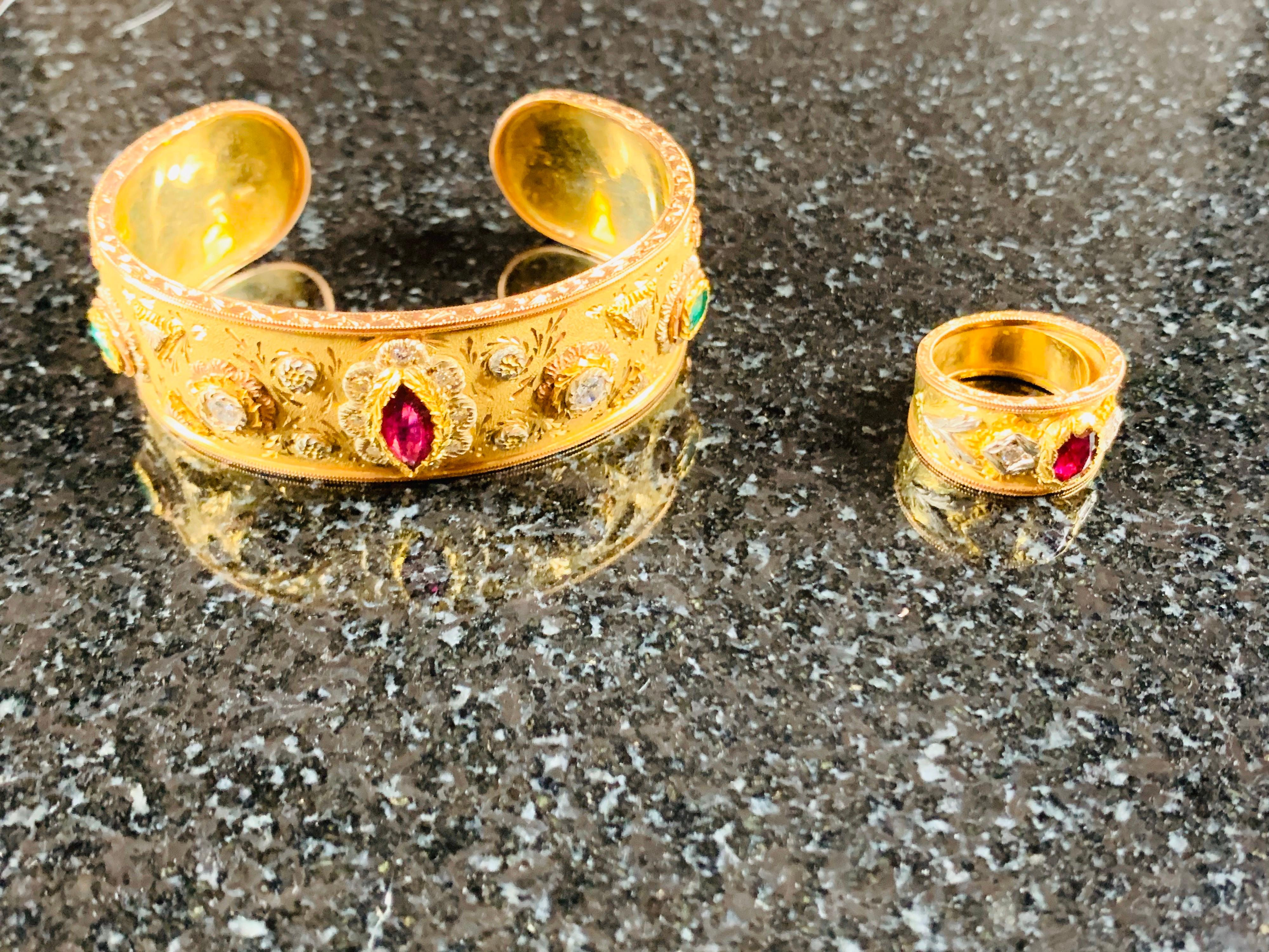 18 Carat Yellow Gold, Ruby, Diamond, Emerald Cuff Bracelet and Ring For Sale 3