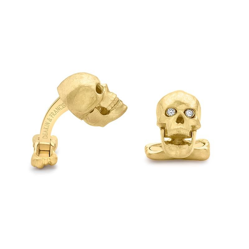 Contemporary 18 Carat Yellow Gold Skull Cufflinks with Popping Diamond Eyes For Sale