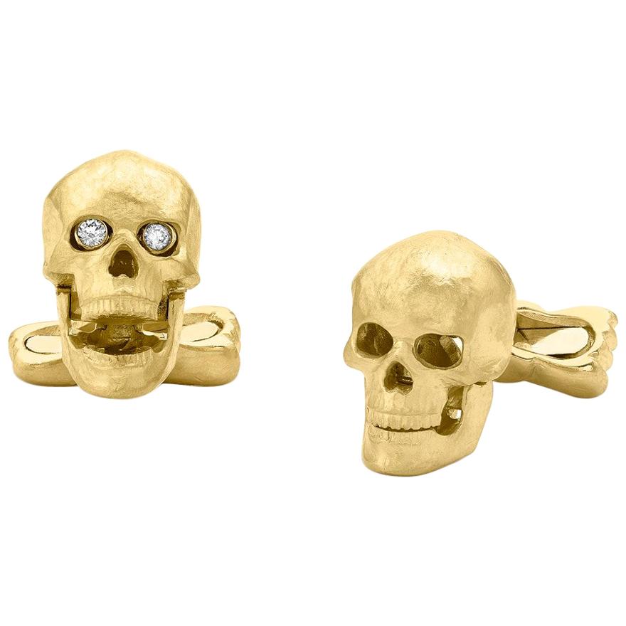 18 Carat Yellow Gold Skull Cufflinks with Popping Diamond Eyes
