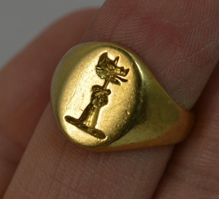 18 Carat Yellow Gold Sword and Boar Head Seal Intaglio Ring at