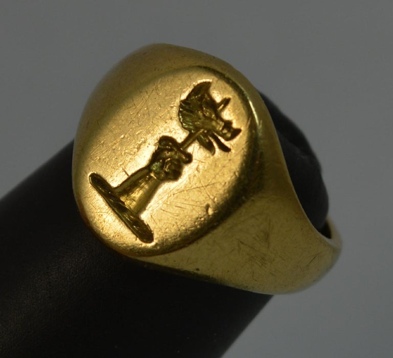 18 Carat Yellow Gold Sword and Boar Head Seal Intaglio Ring at