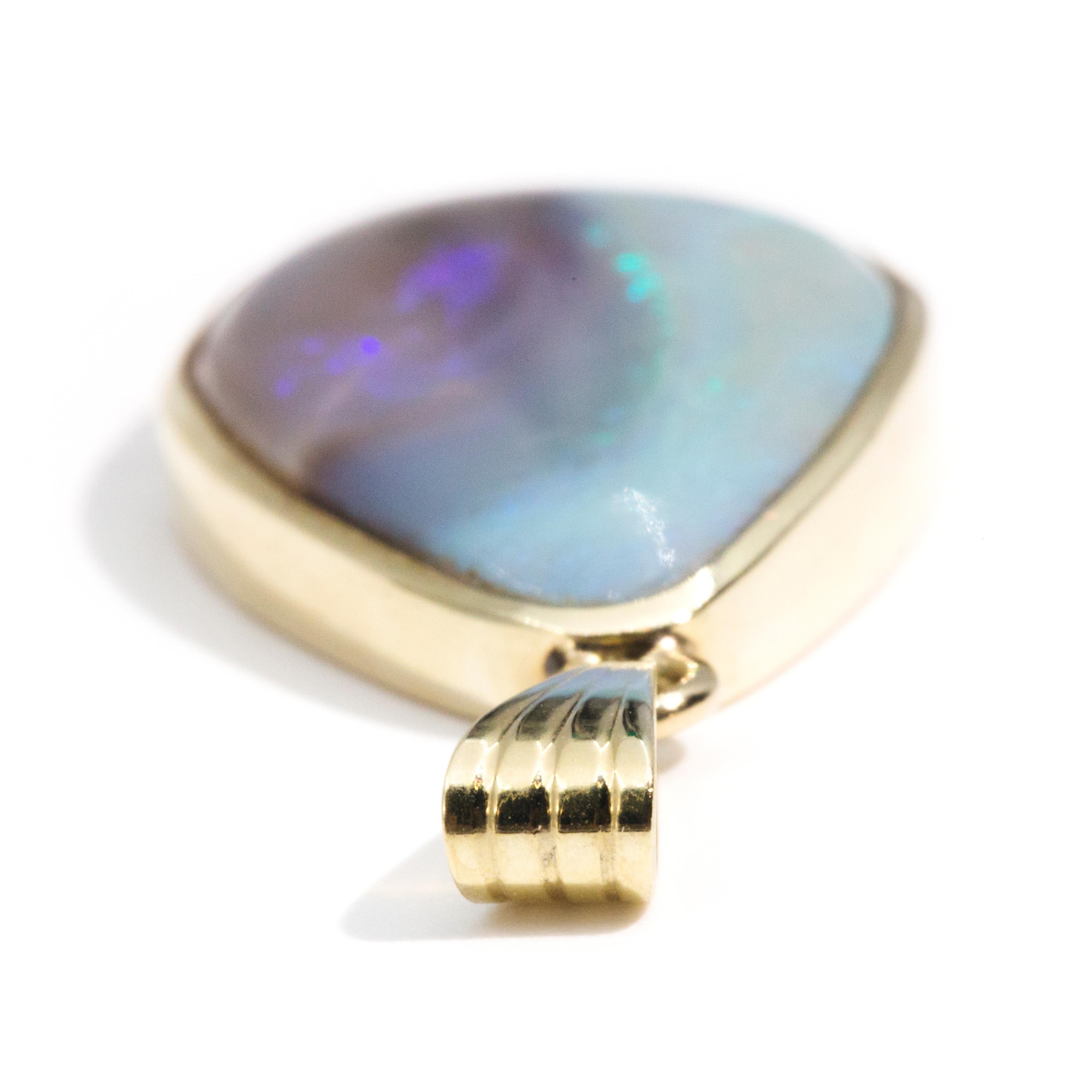 Uncut 18 Carat Yellow Gold Triangular Freeform Green Red Violet Opal Vintage Pendant
