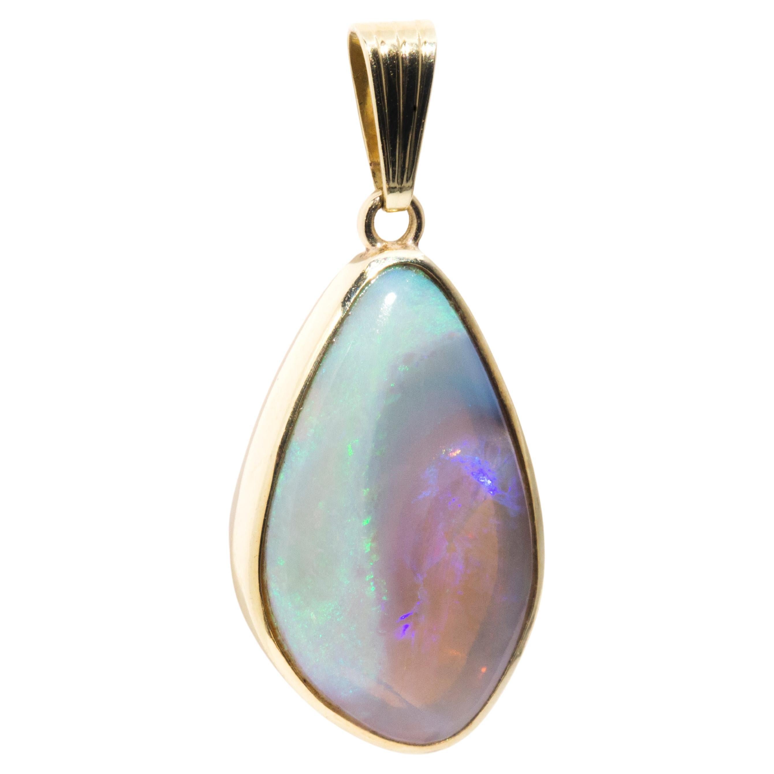 18 Carat Yellow Gold Triangular Freeform Green Red Violet Opal Vintage Pendant For Sale