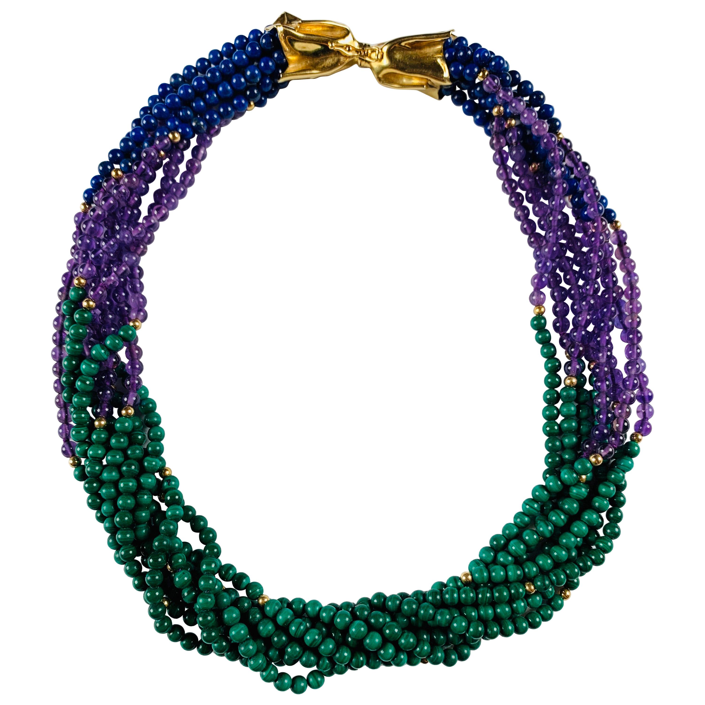 18 Carat Yellow Gold Twist Lapius, Amethyst and Agate Necklace For Sale