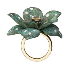 18 Carat Yellow Gold, Verdigris Brass, Rhodium, Enamel and Sapphire Flower Ring