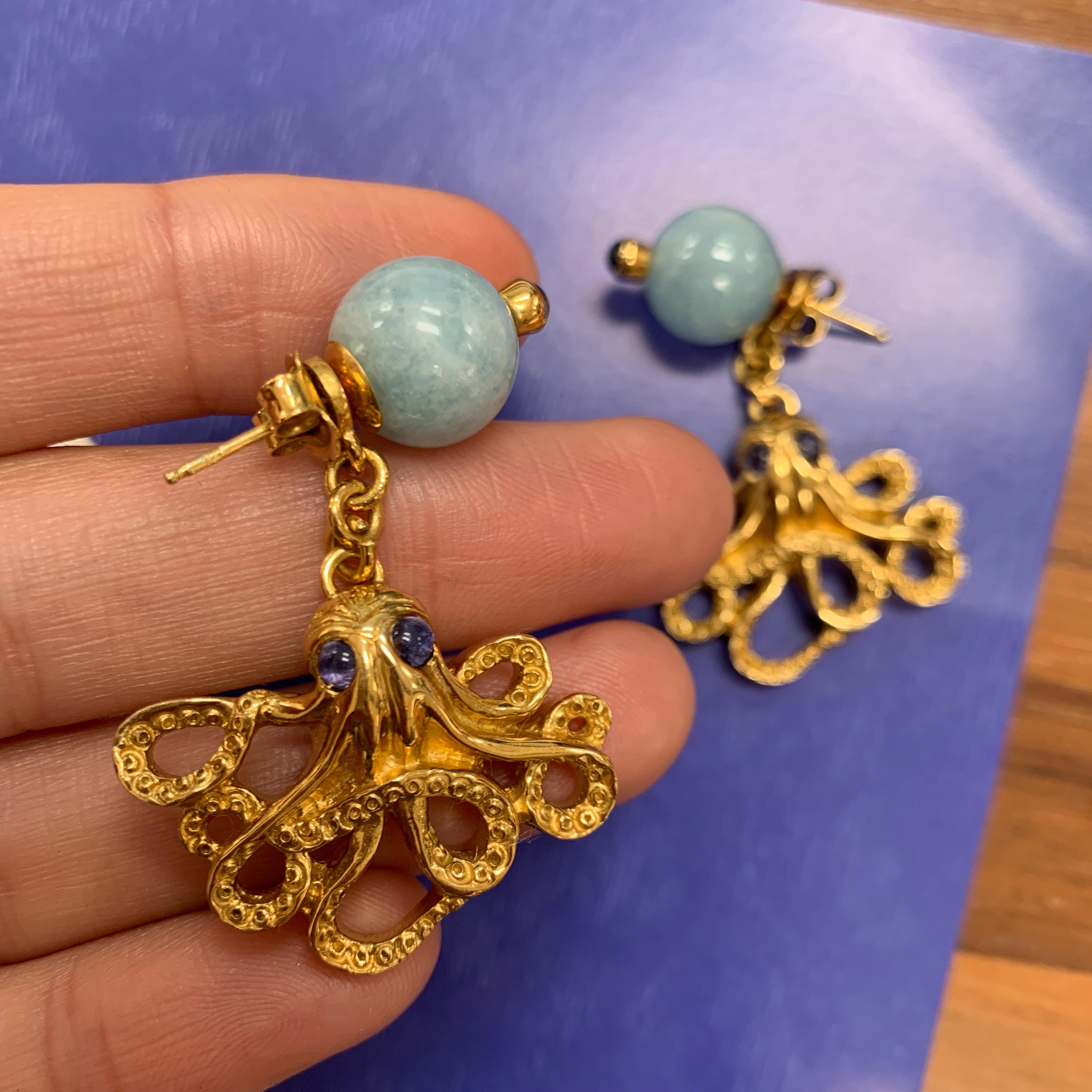 18ct Yellow Gold Vermeil, Aquamarine and Iolite Octopus 'Positano' Earrings In New Condition For Sale In London, GB