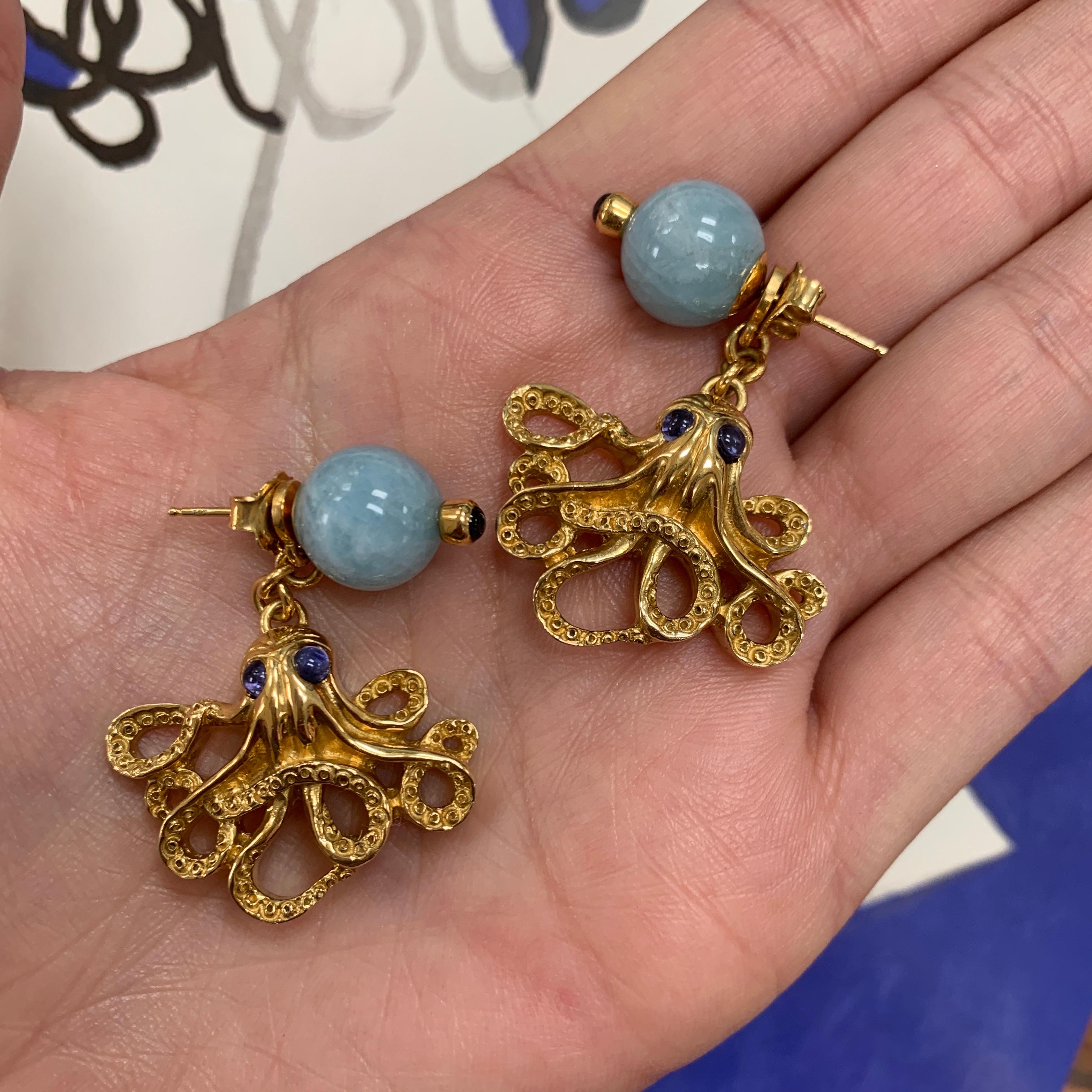 Women's 18ct Yellow Gold Vermeil, Aquamarine and Iolite Octopus 'Positano' Earrings For Sale