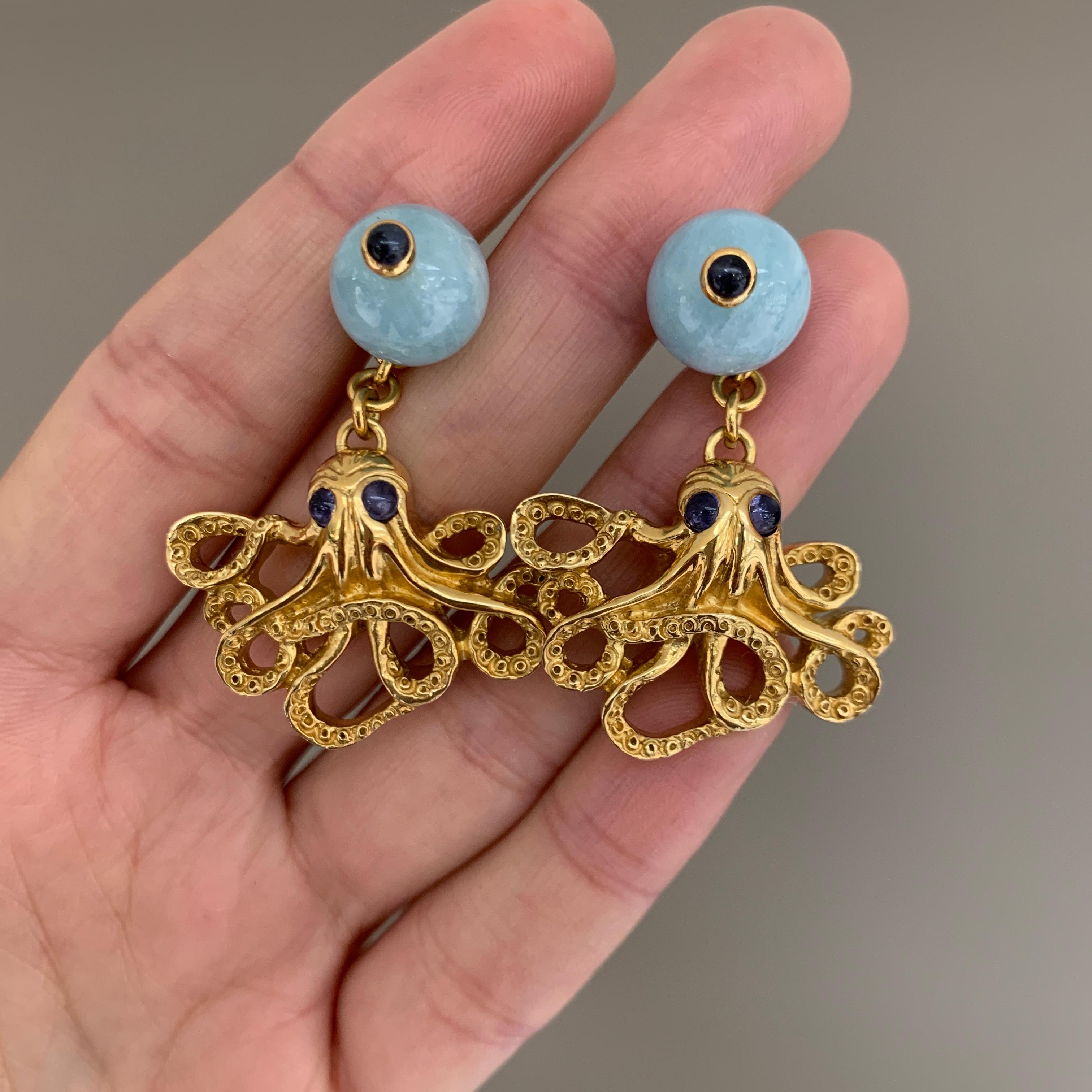 18ct Yellow Gold Vermeil, Aquamarine and Iolite Octopus 'Positano' Earrings For Sale 1