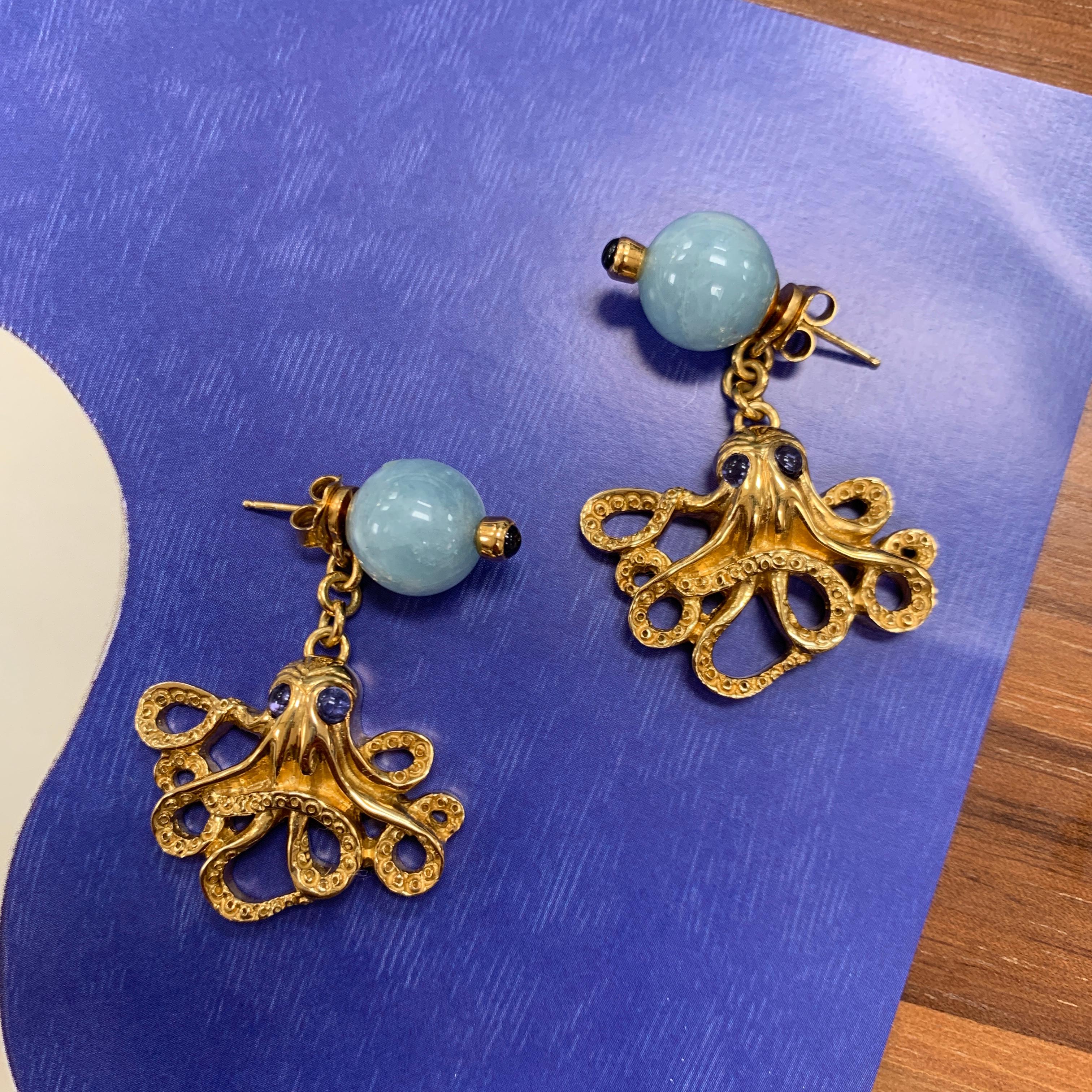 18ct Yellow Gold Vermeil, Aquamarine and Iolite Octopus 'Positano' Earrings For Sale 2