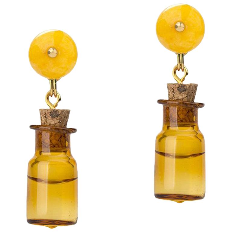 18 Carat Yellow Gold Vermeil, Brass, Jade, Glass and Vodka Earrings For Sale