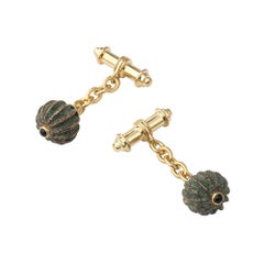 18 Carat Yellow Gold Vermeil, Verdigris Brass and Onyx Anemone Chain Cufflinks