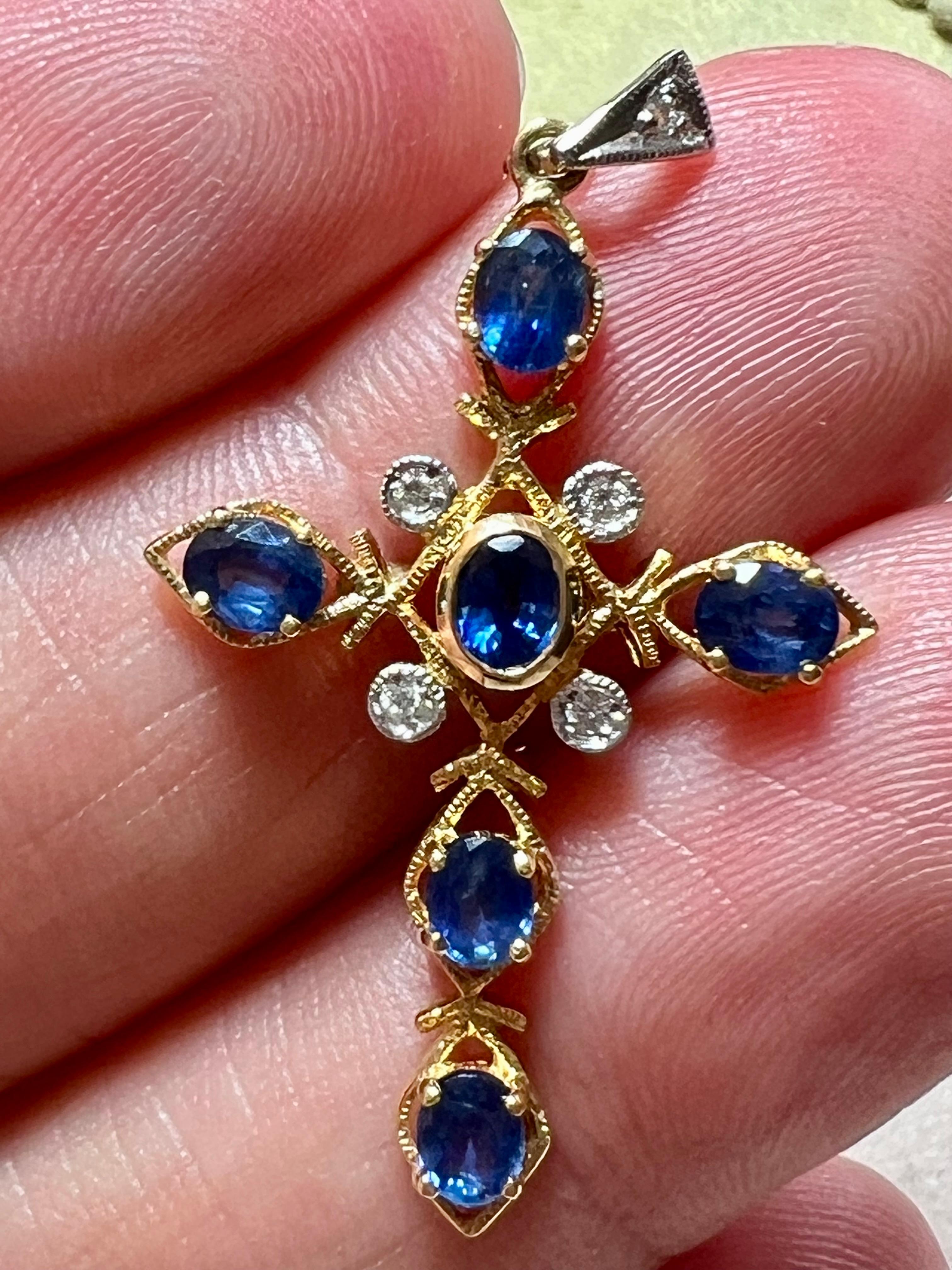 Art Nouveau 18 Carat Yellow Gold Vintage Cross with 6 Sapphires and 5 Brilliants