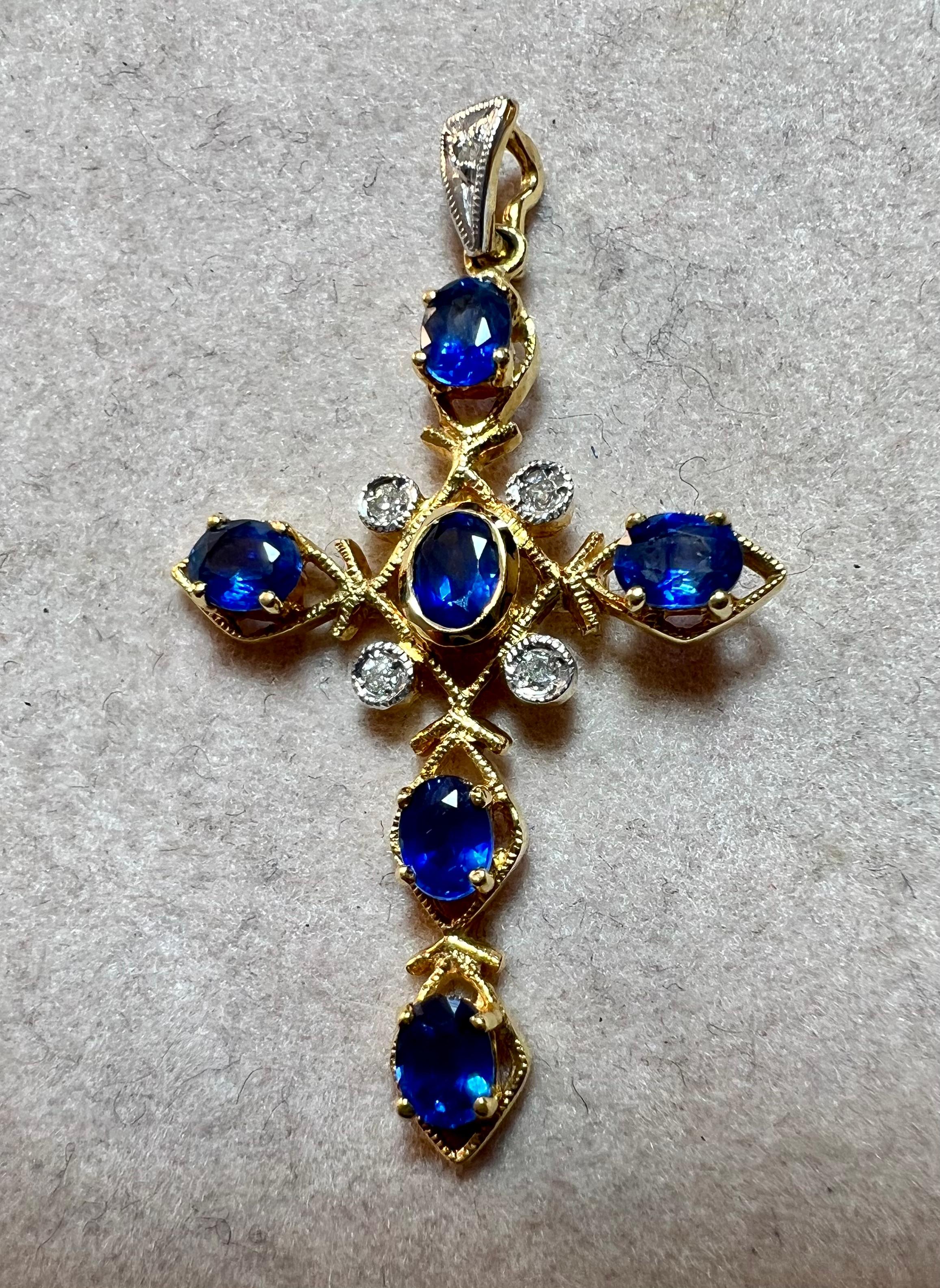 Women's or Men's 18 Carat Yellow Gold Vintage Cross with 6 Sapphires and 5 Brilliants