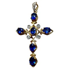 18 Carat Yellow Gold Vintage Cross with 6 Sapphires and 5 Brilliants