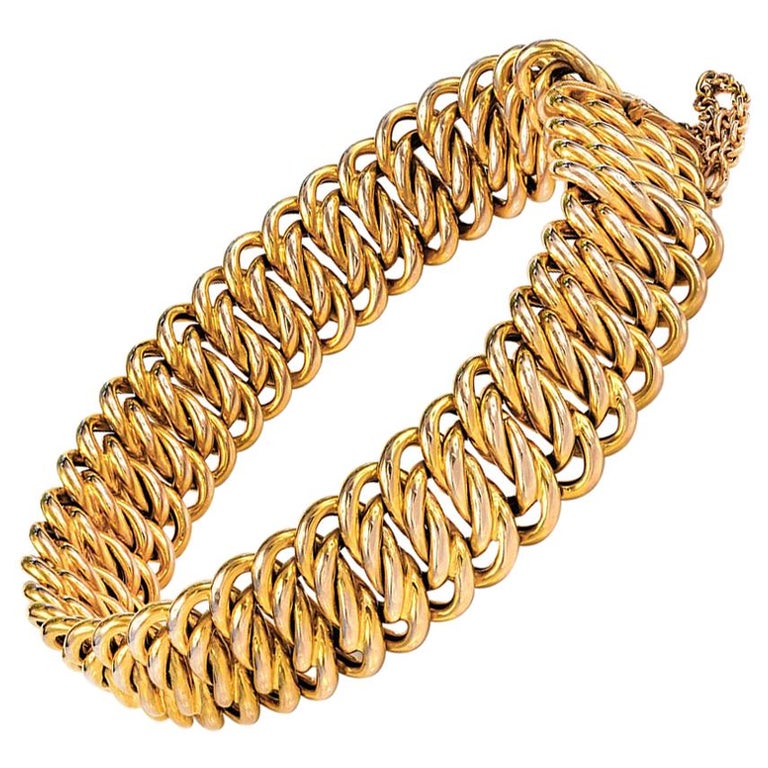 18 Carat Yellow Gold Vintage Double Curb Link Bracelet For Sale at