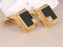18 Carat Yellow Gold Vintage Men’s White Diamond Black Onyx Shirt Suit Cufflinks