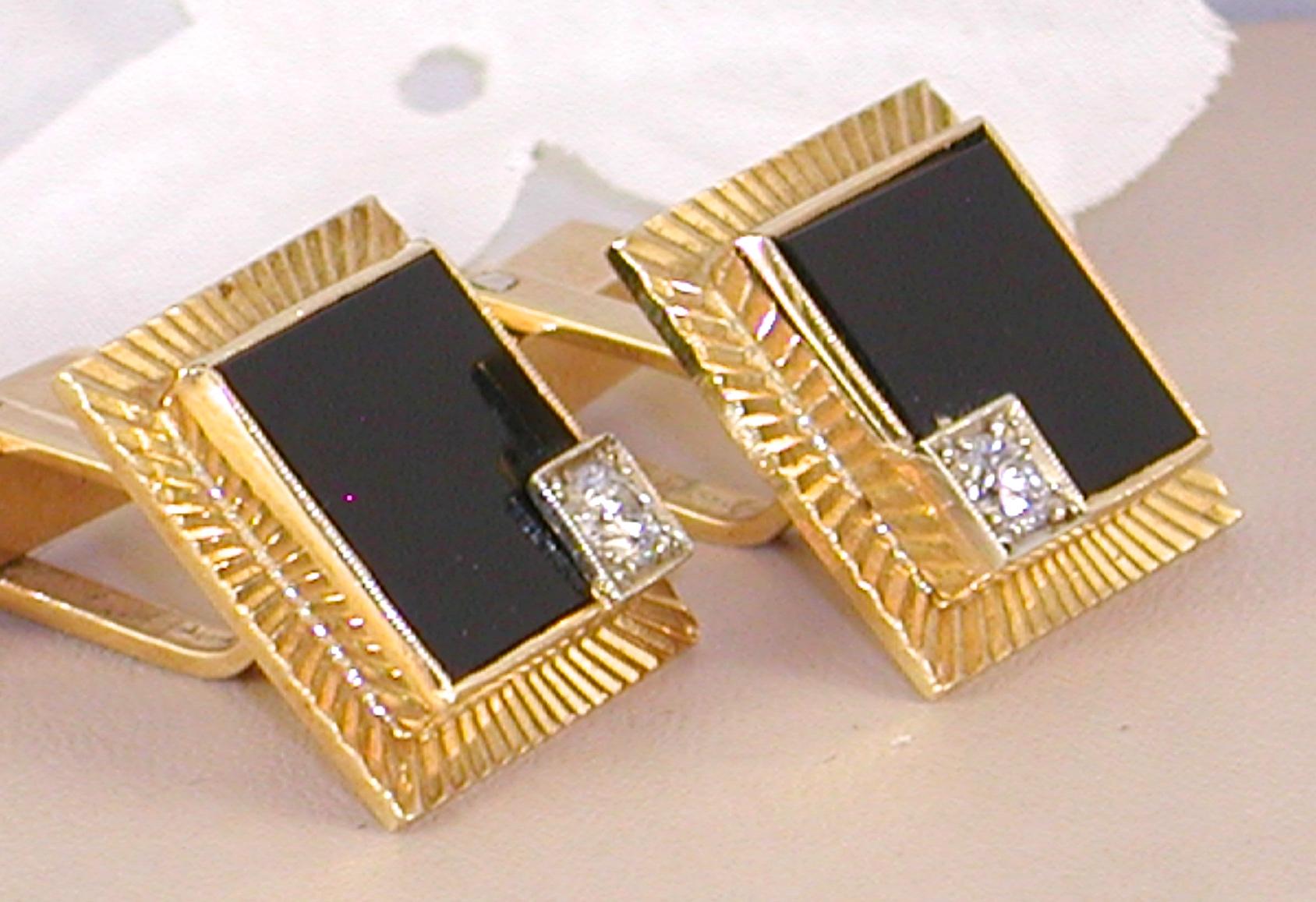 18 Carat Yellow Gold Vintage Men’s White Diamond Black Onyx Shirt Suit Cufflinks In Good Condition For Sale In Antwerp, BE