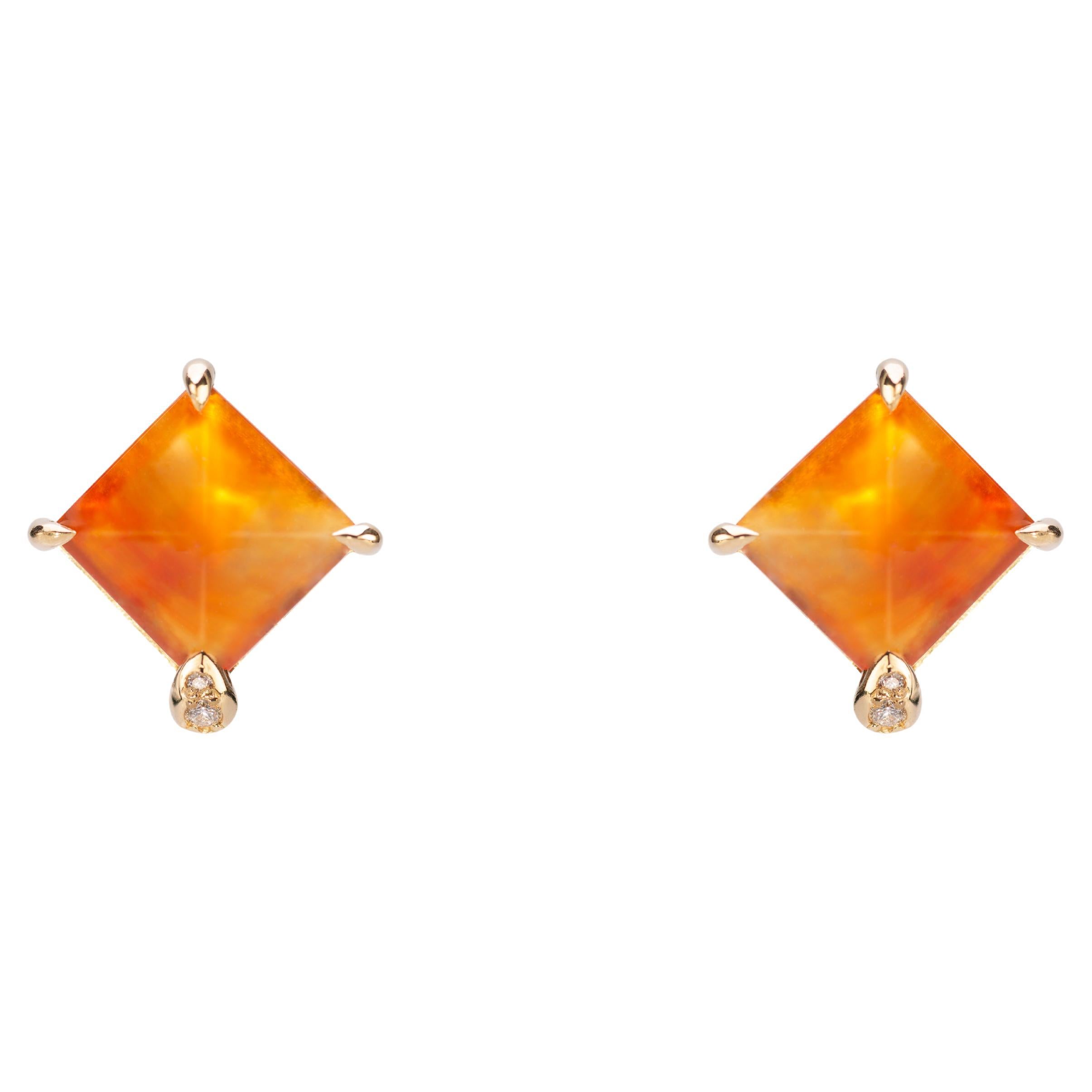 18 Carat Yellow Gold White Diamonds CarnelianHandcrafted Stud Design Earring For Sale