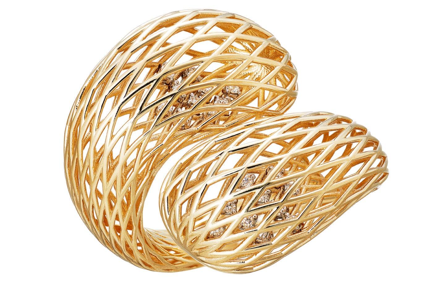 For Sale:  18 Carat Yellow Gold White Diamonds Net Ring Aenea Jewellery 9