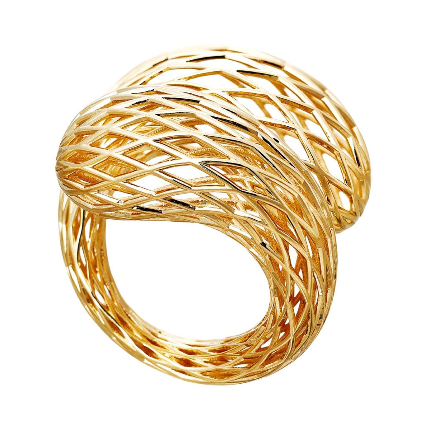 18 Carat Yellow Gold White Diamonds Net Ring Aenea Jewelry