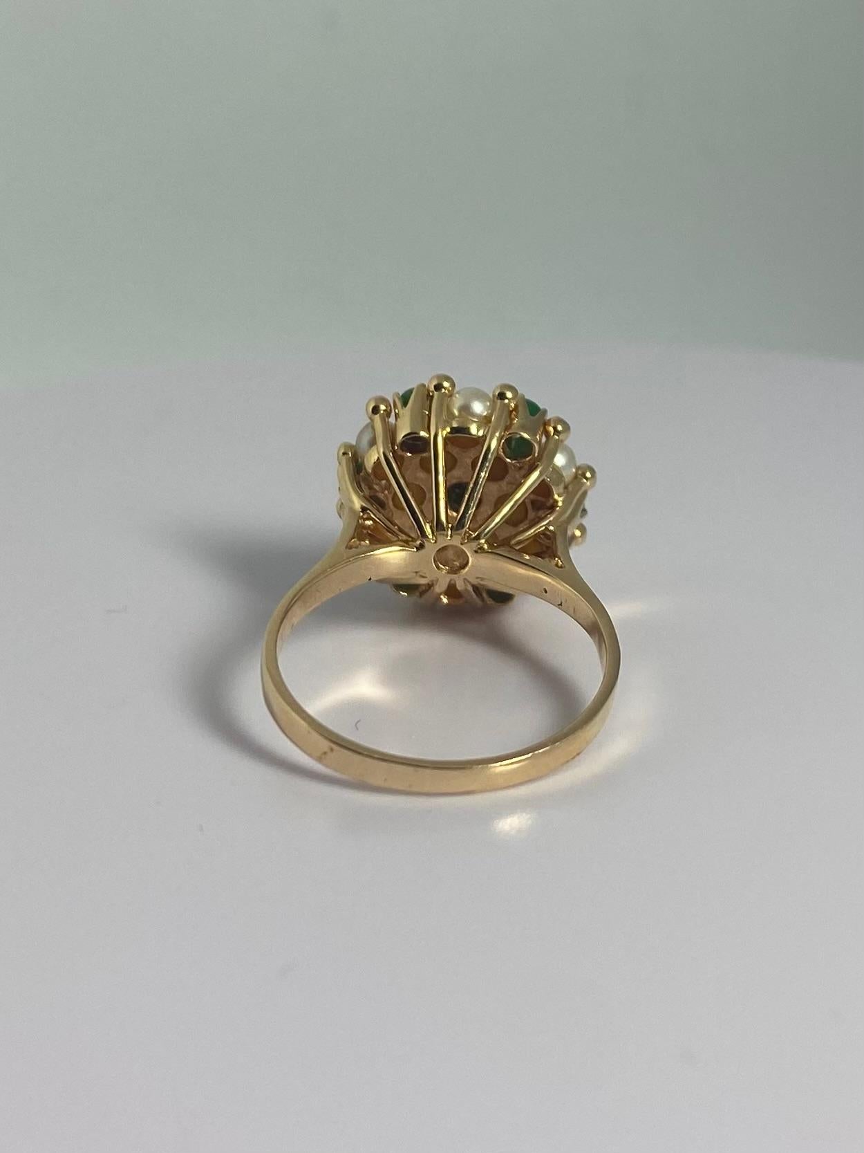 Romantic 18 Carat Yellow Golden Cocktail Ring with Pearls and Jade Nephrites For Sale