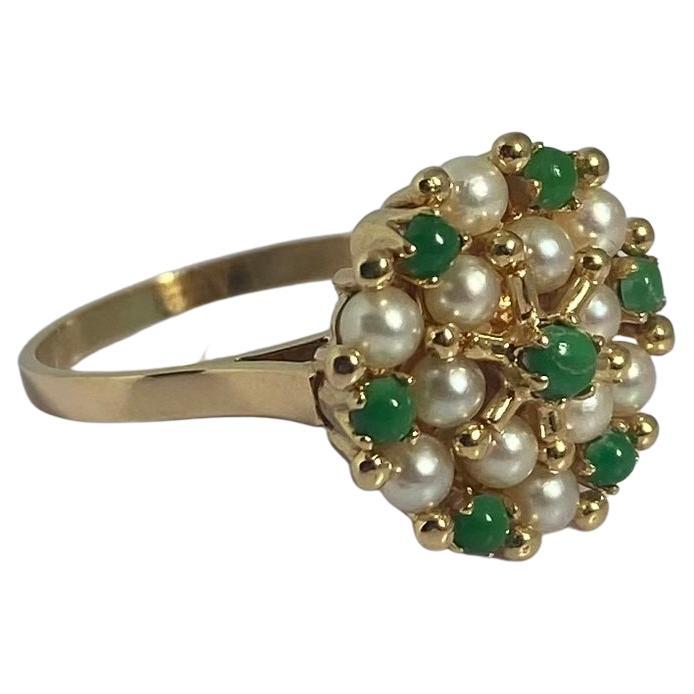 18 Carat Yellow Golden Cocktail Ring with Pearls and Jade Nephrites