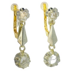 Orecchini d'epoca giallo bianco e oro 18 carati con quattro diamanti naturali