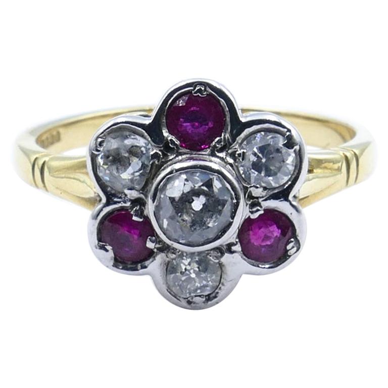 18 Carat Yellow 
White Gold Vintage Ruby 
Old European Cut Diamond Daisy Ring For Sale
