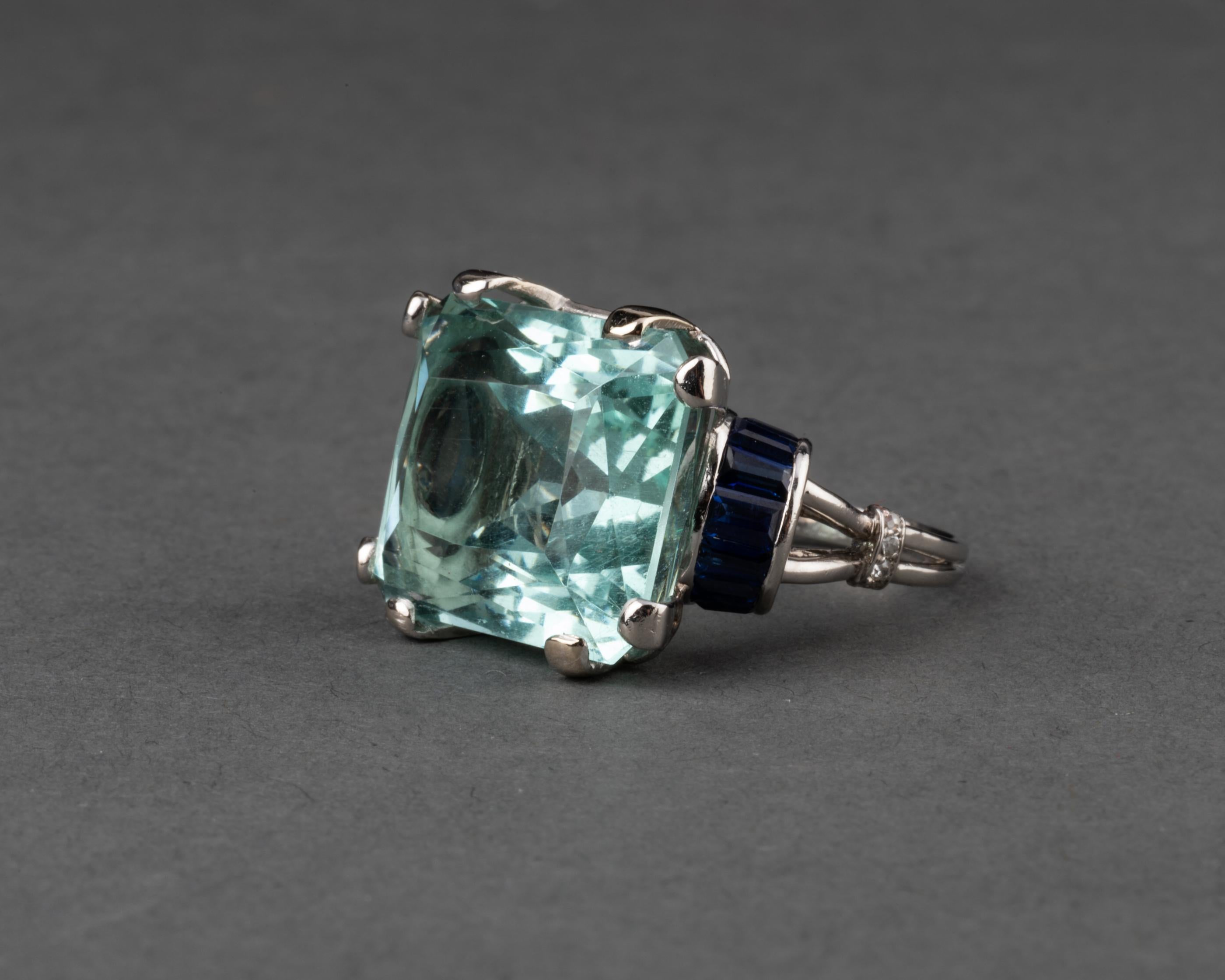 Emerald Cut 18 Carat Aquamarine and Sapphires French Art Deco Ring