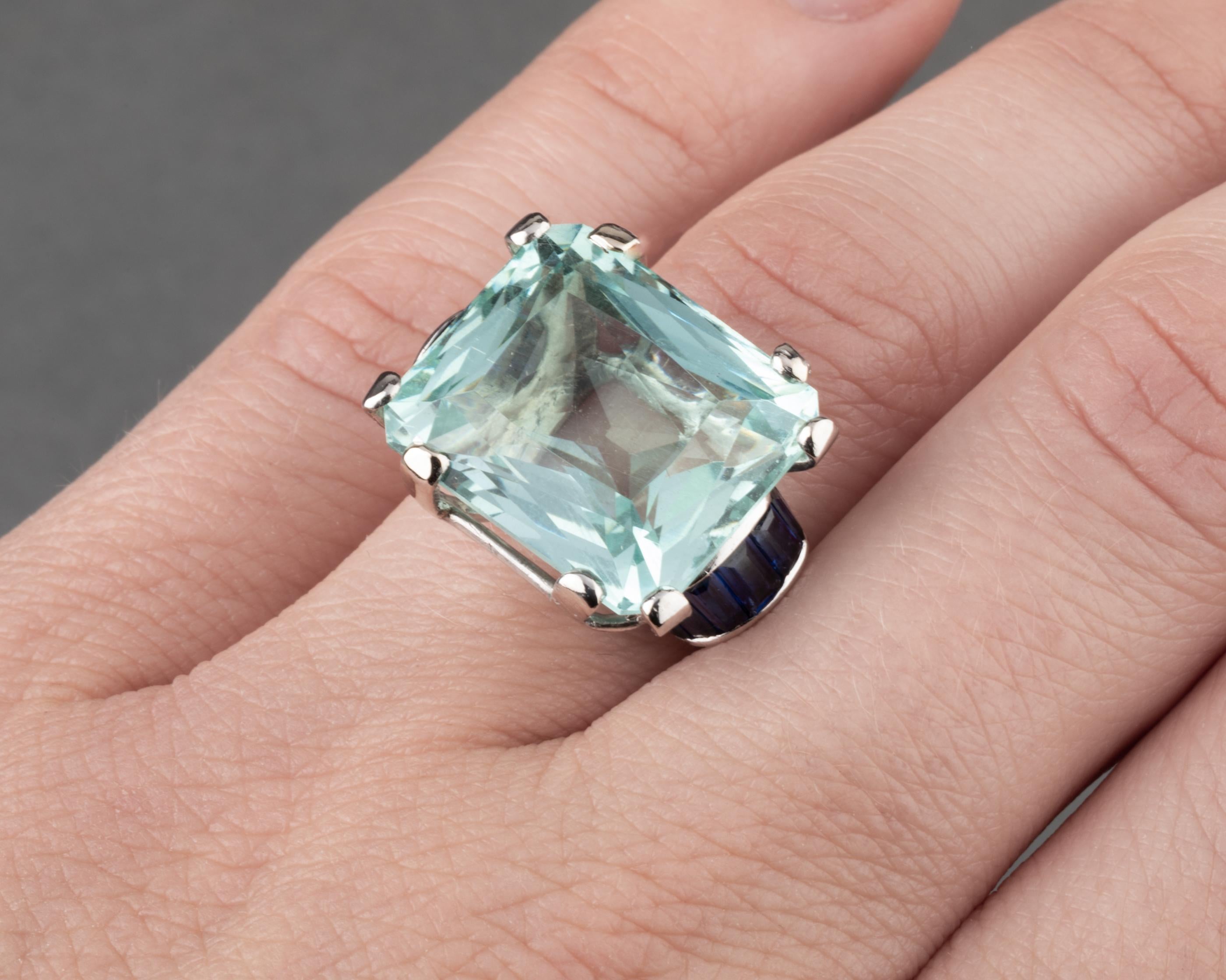 Women's 18 Carat Aquamarine and Sapphires French Art Deco Ring