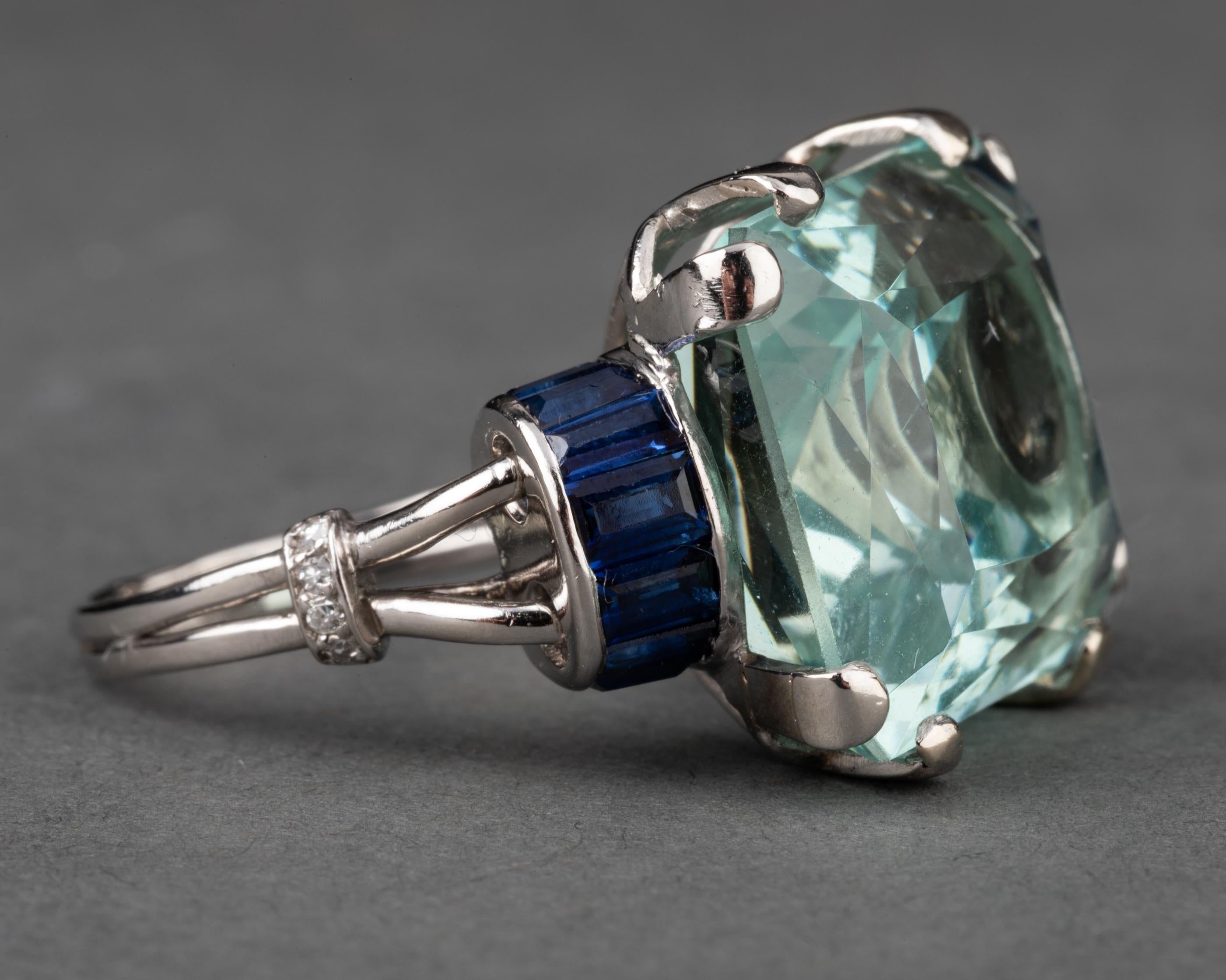 18 Carat Aquamarine and Sapphires French Art Deco Ring 4