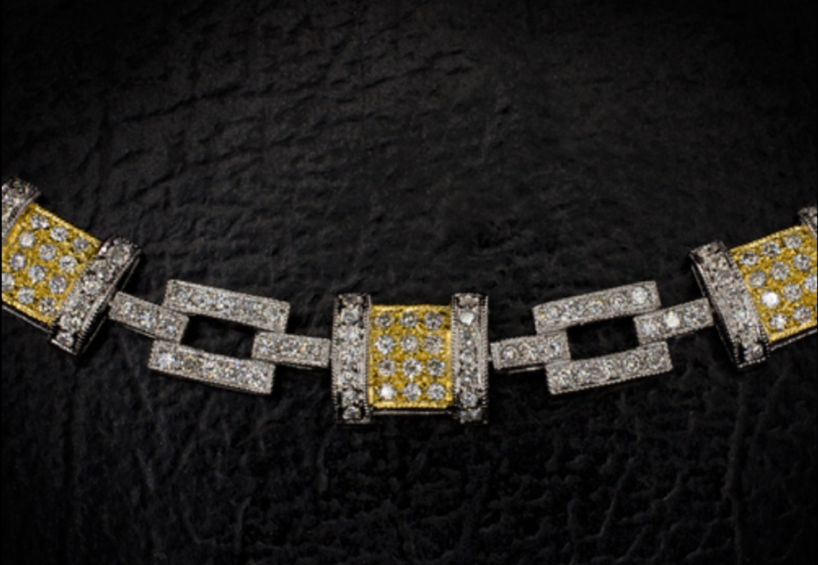 Exquisite tennis bracelet with two tones of gold and 2.50 carats of diamonds! The piece is full of gorgeous sparkle and it has a unique geometric design. 

Over 300 fully faceted round cut diamonds are perfectly set in this alluring bracelet and we