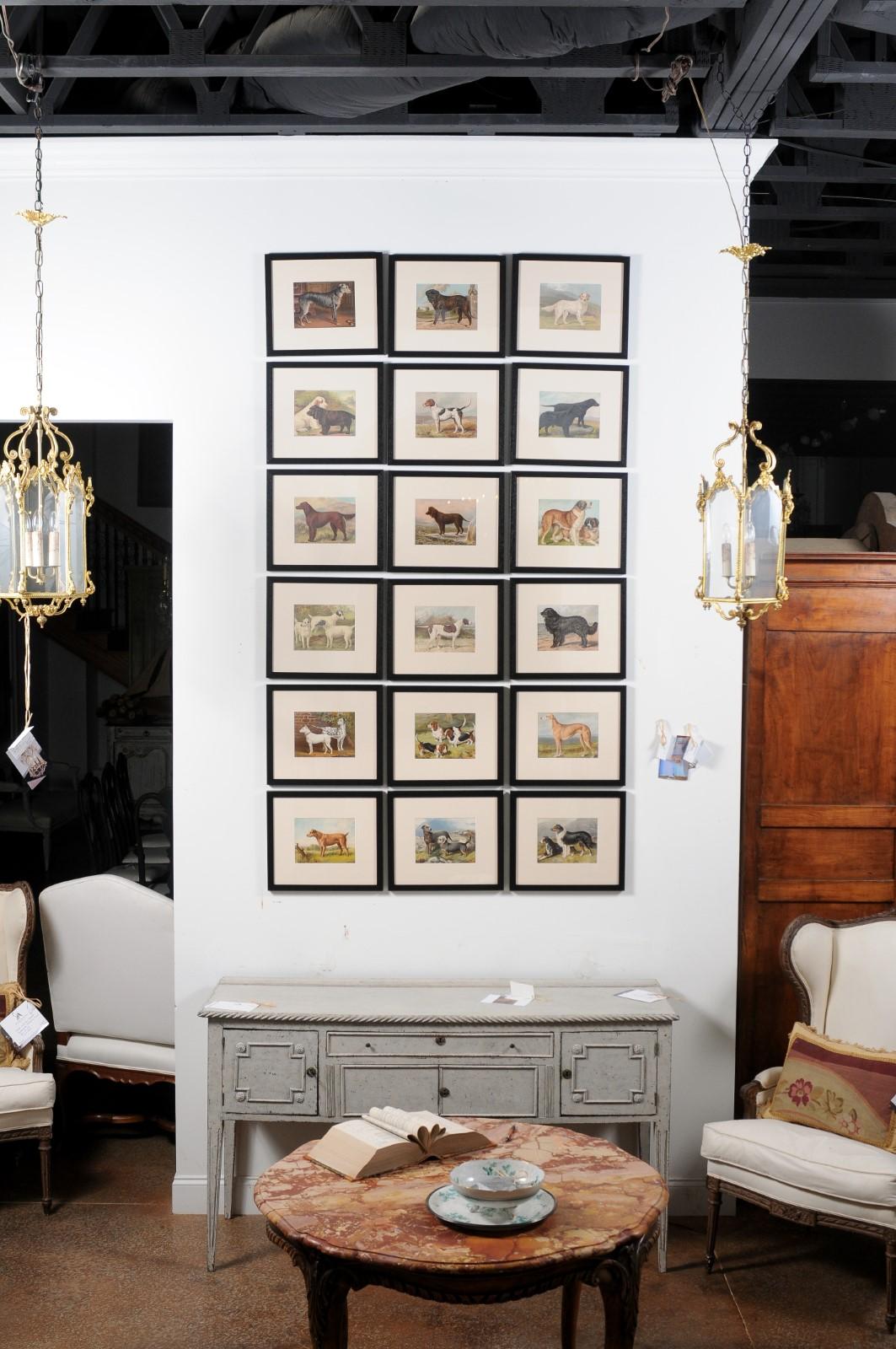 Polychromed 18 Cassell, Petter, Galpin & Co Chromolithograph Dog Prints in Black Frames For Sale