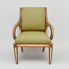 18th Century 5 Chairs 1 Armchair Handcarved Gilded Wood White Paint Linen Cover