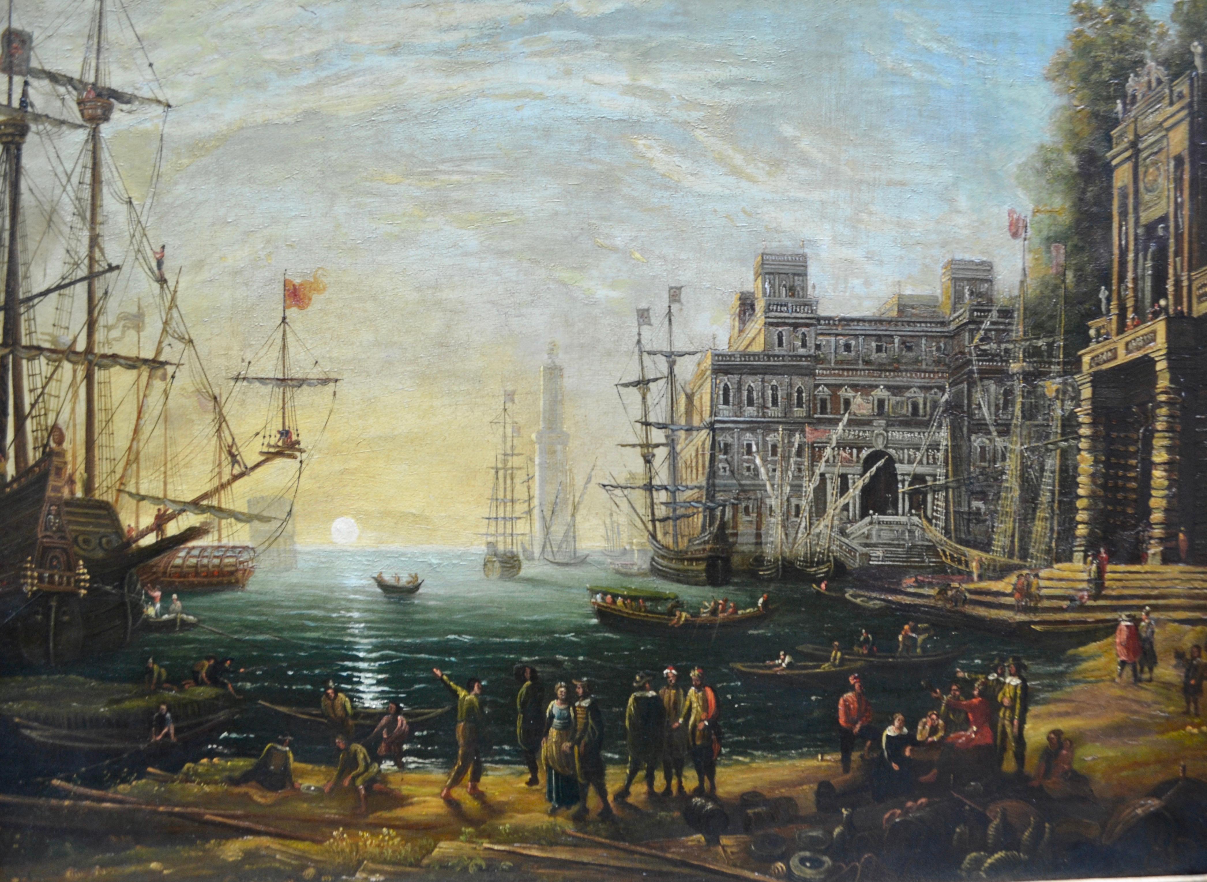 18. Jahrhundert Kopie von „Port-Szene mit der Villa Medici“ nach Claude Lorrain (Leinwand) im Angebot