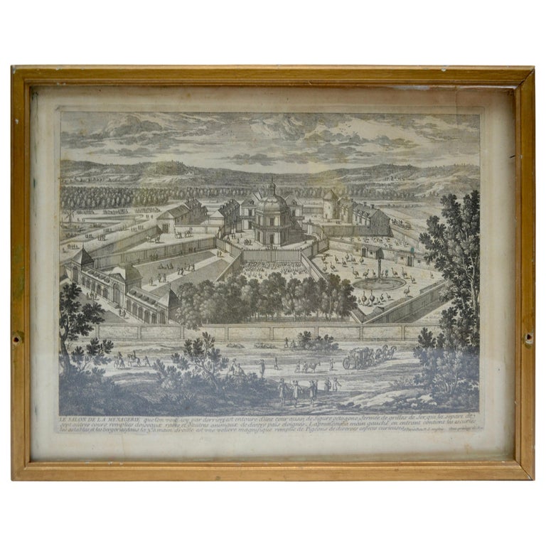 18 Century Engraving of the Royal Menagerie at Versailles by Antoine Aveline For Sale