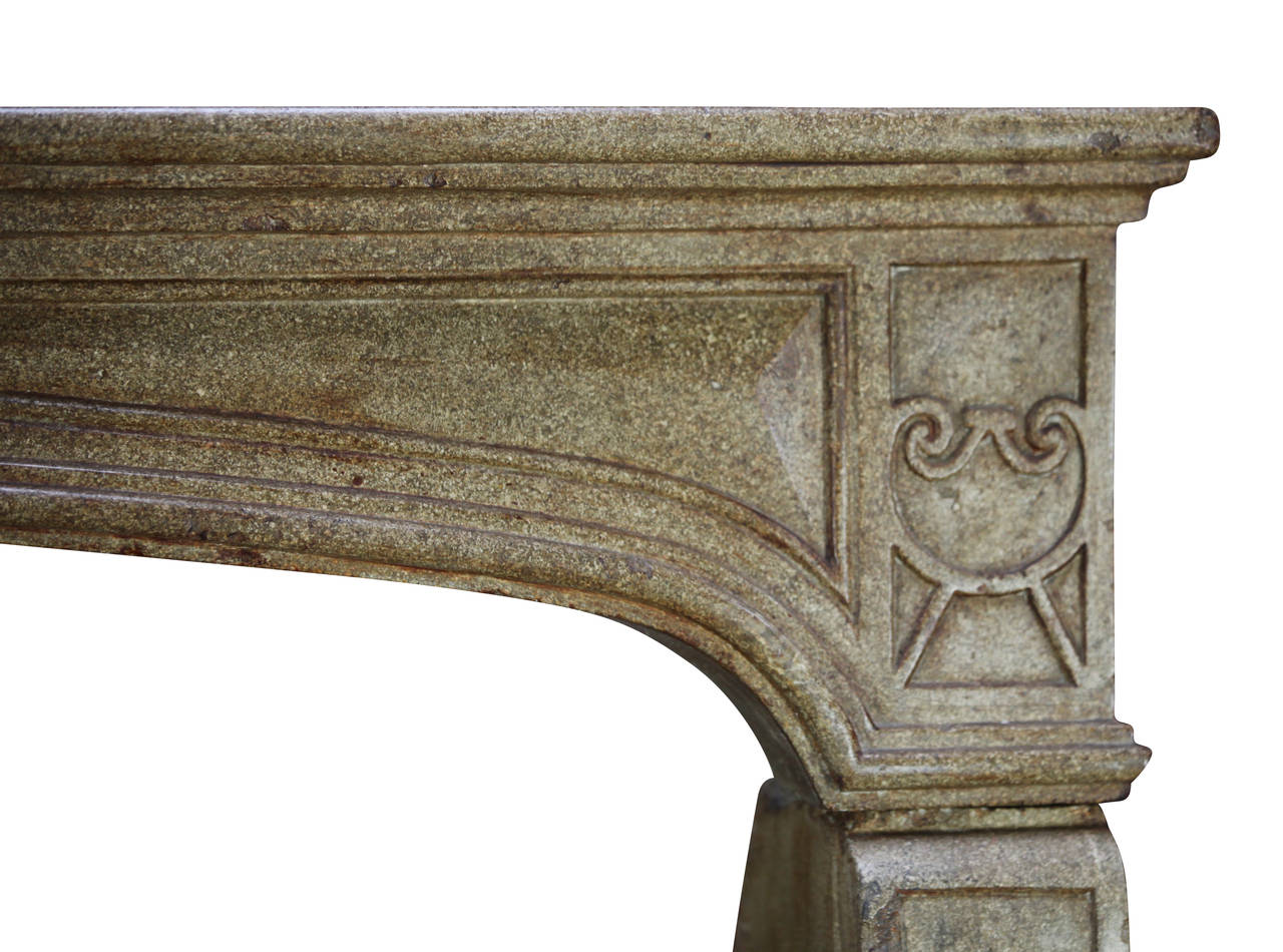 Carved 18 Century French Cosy Grand Hard Limestone Antique Fireplace Surround For Sale