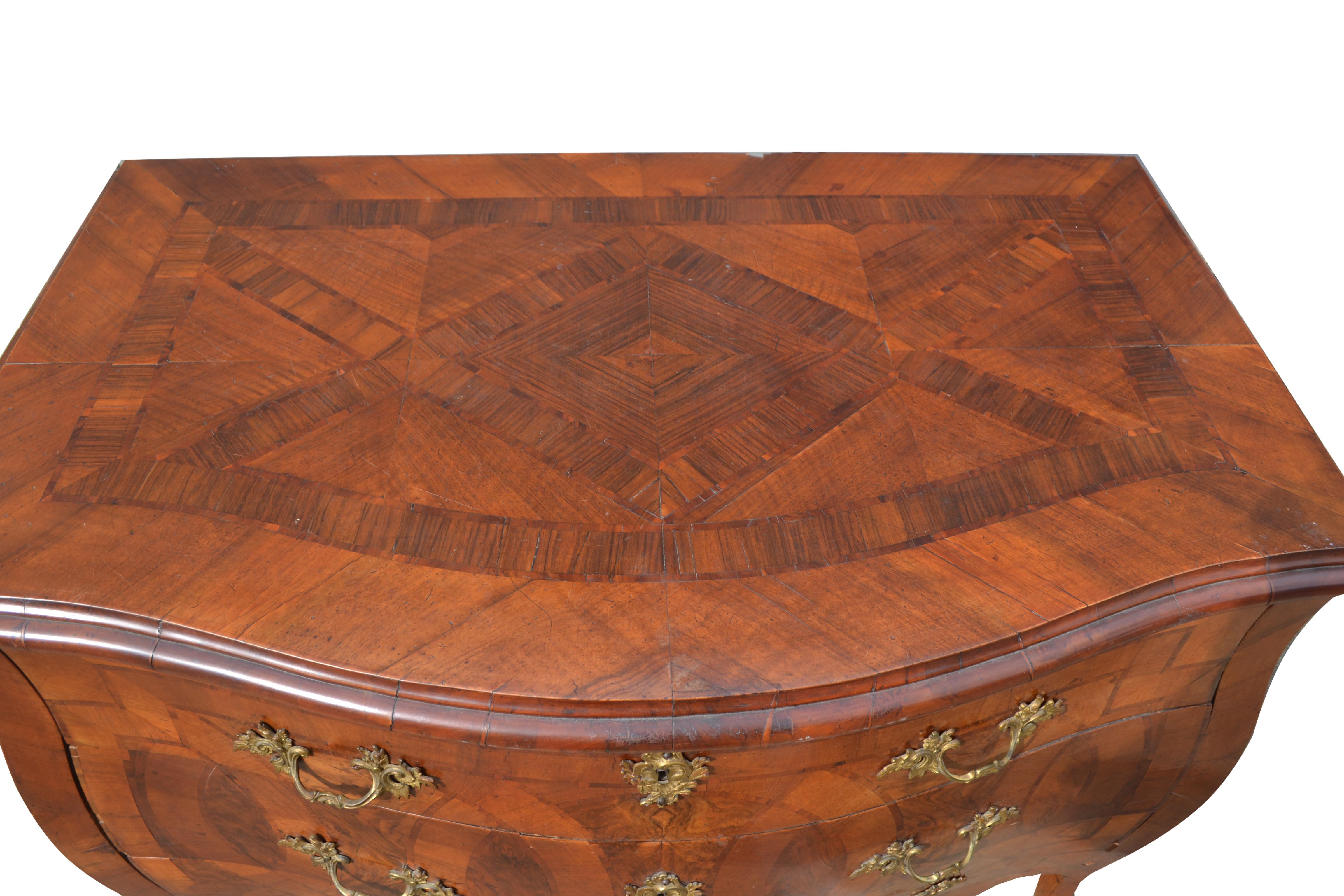 European 18th Century Italian Louis XV Period Marquetry Bombe Chest of Drawers For Sale
