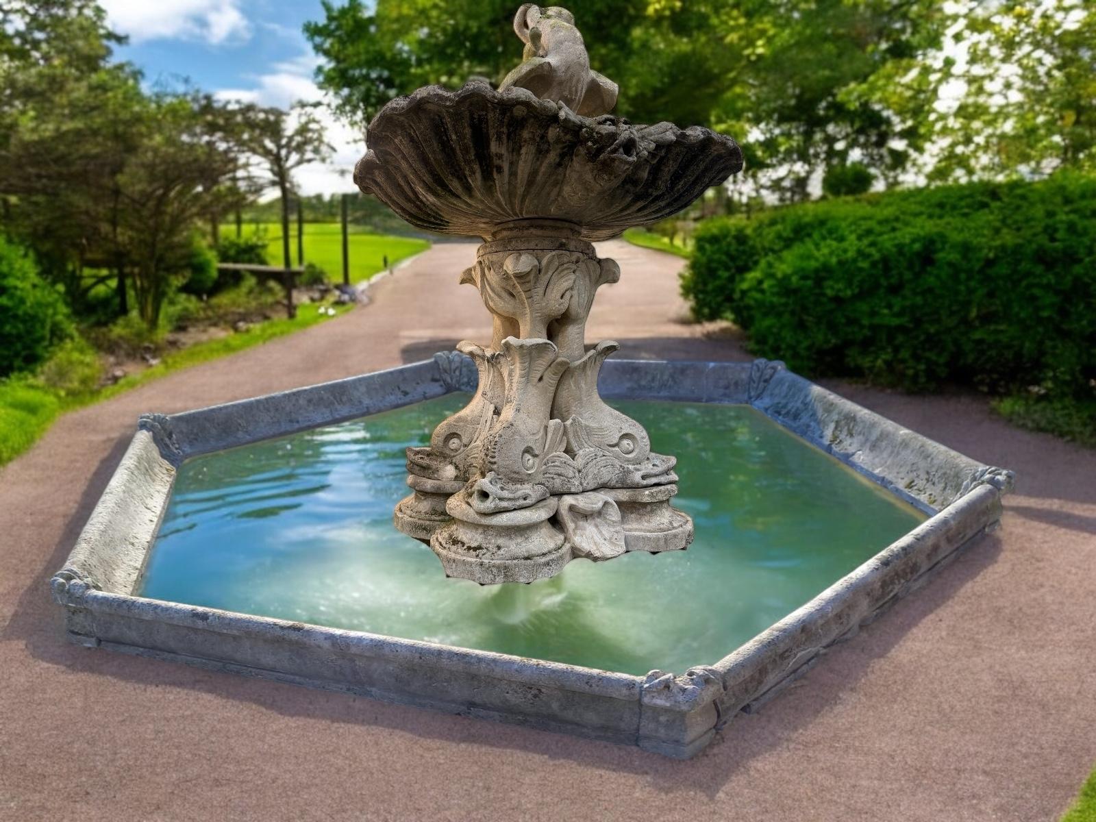 Neoclassical 18' Century Monumental Italian Water Fountain with Delphine Sculptures For Sale