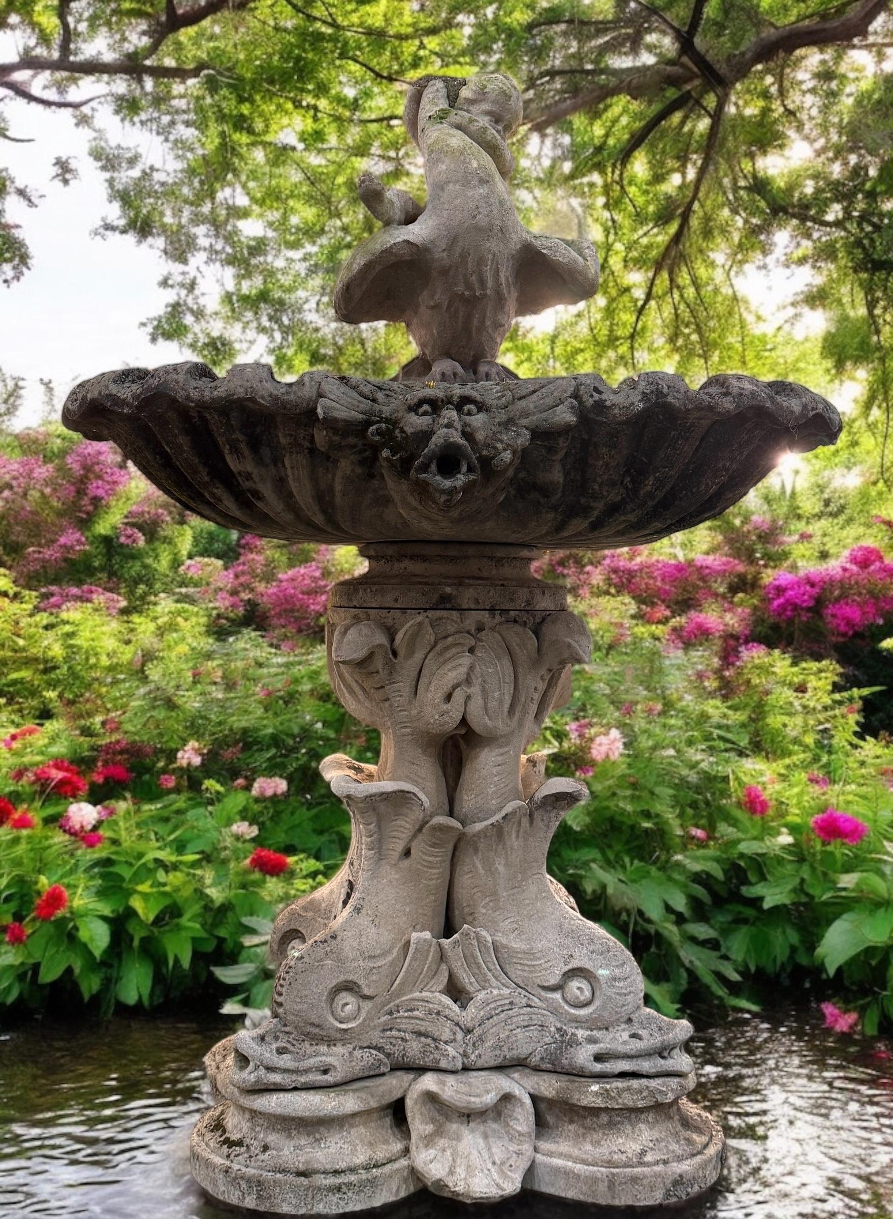 Limestone 18' Century Monumental Italian Water Fountain with Delphine Sculptures For Sale