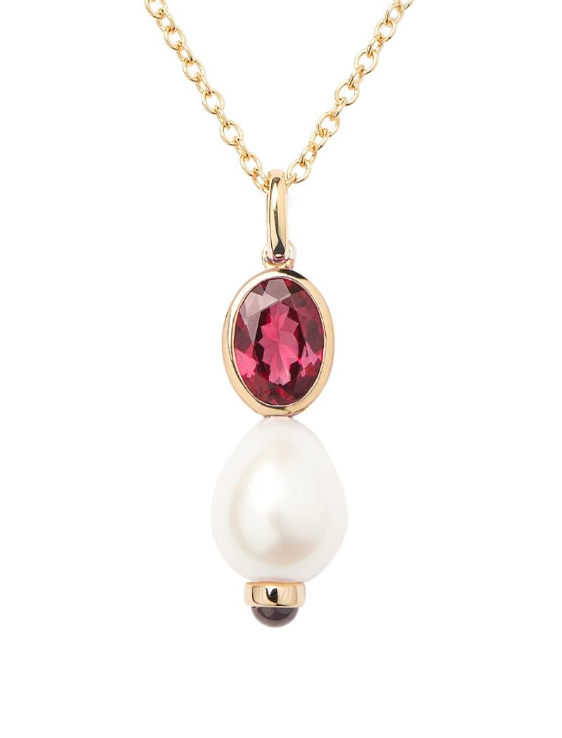 Modern 18ct Gold Pearl Rhodolite Necklace, Yellow Gold, Perles Précieuses Collection For Sale