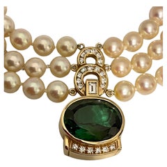 Retro 18 Ct Green Tourmaline & 2.5 Ct Diamond Pendant / Necklace 14 Kt Y Gold & Pearls