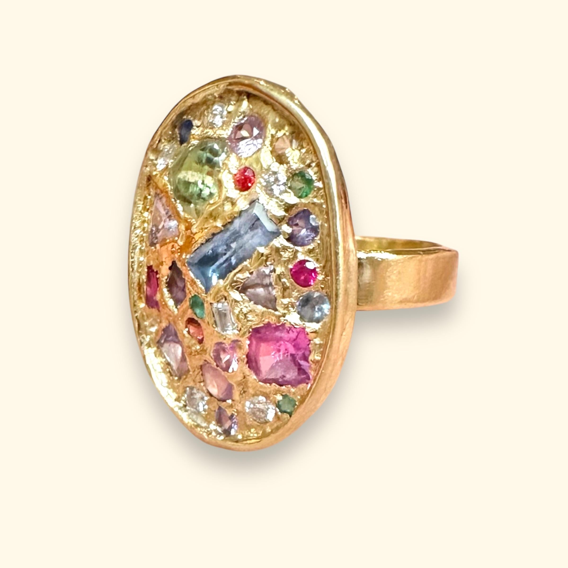 18 Ct Modern Large Geometric Abstract Art Cocktail Ring Sapphires and ...