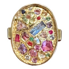 18 Ct Modern Large Geometric Abstract Art Cocktail Ring Sapphires & Diamonds