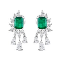 1.8 ct Natural Emerald-Cut Emerald and Diamond Fringe Earrings, 18K White Gold