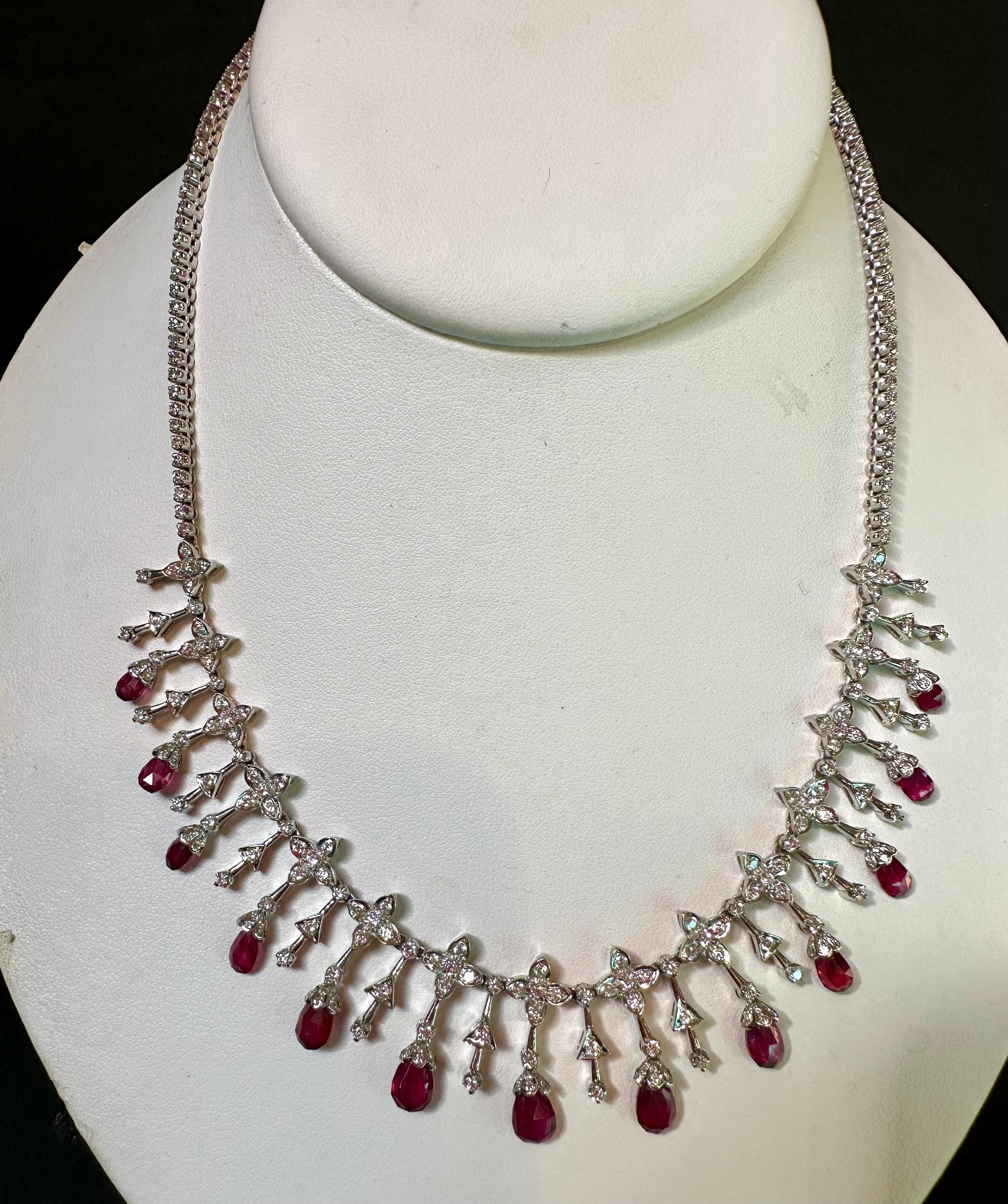 18 Ct Natural Ruby Briolette & 8 Ct Diamond Necklace 18 Karat White Gold, Estate For Sale 5
