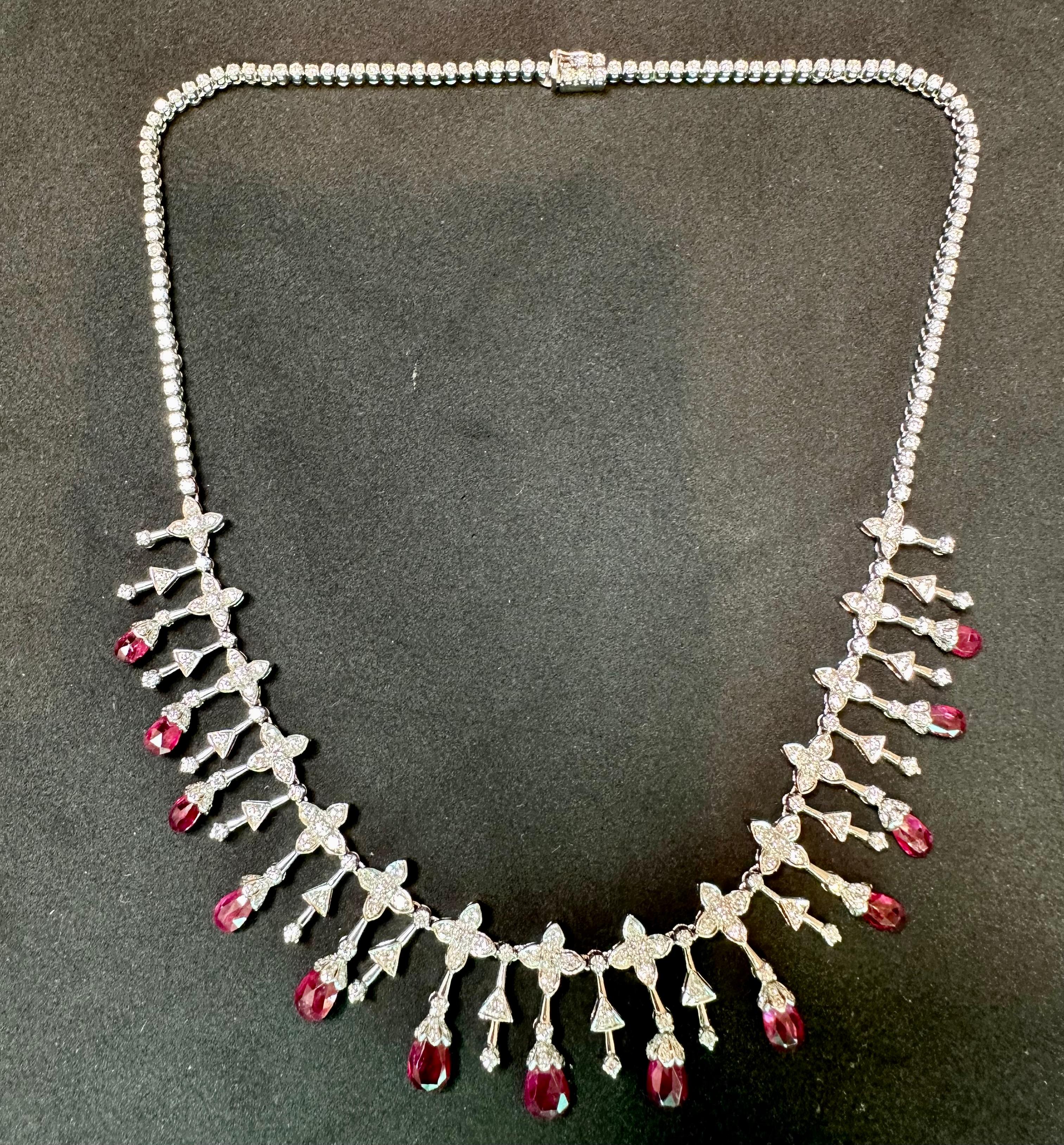 18 Ct Natural Ruby Briolette & 8 Ct Diamond Necklace 18 Karat White Gold, Estate For Sale 7