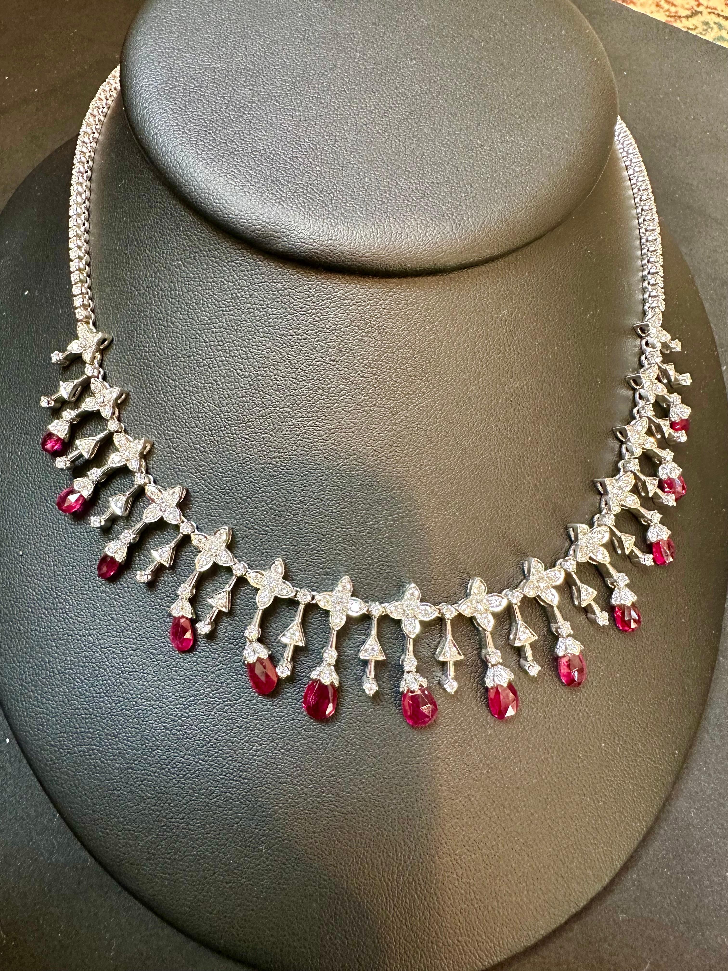 18 Ct Natural Ruby Briolette & 8 Ct Diamond Necklace 18 Karat White Gold, Estate For Sale 8