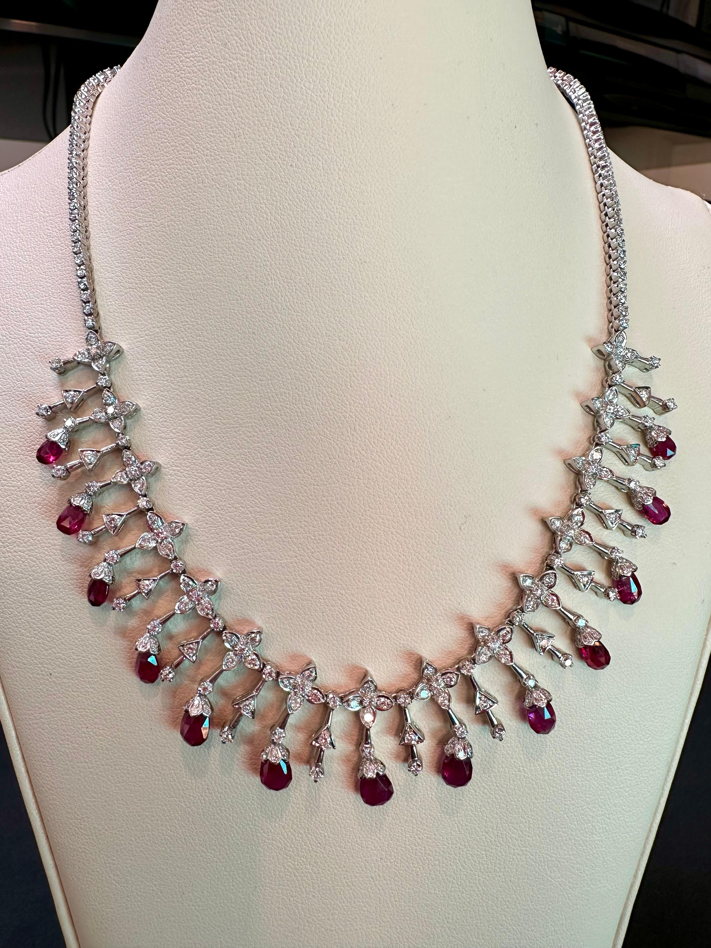 18 Ct Natural Ruby Briolette & 8 Ct Diamond Necklace 18 Karat White Gold, Estate For Sale 9